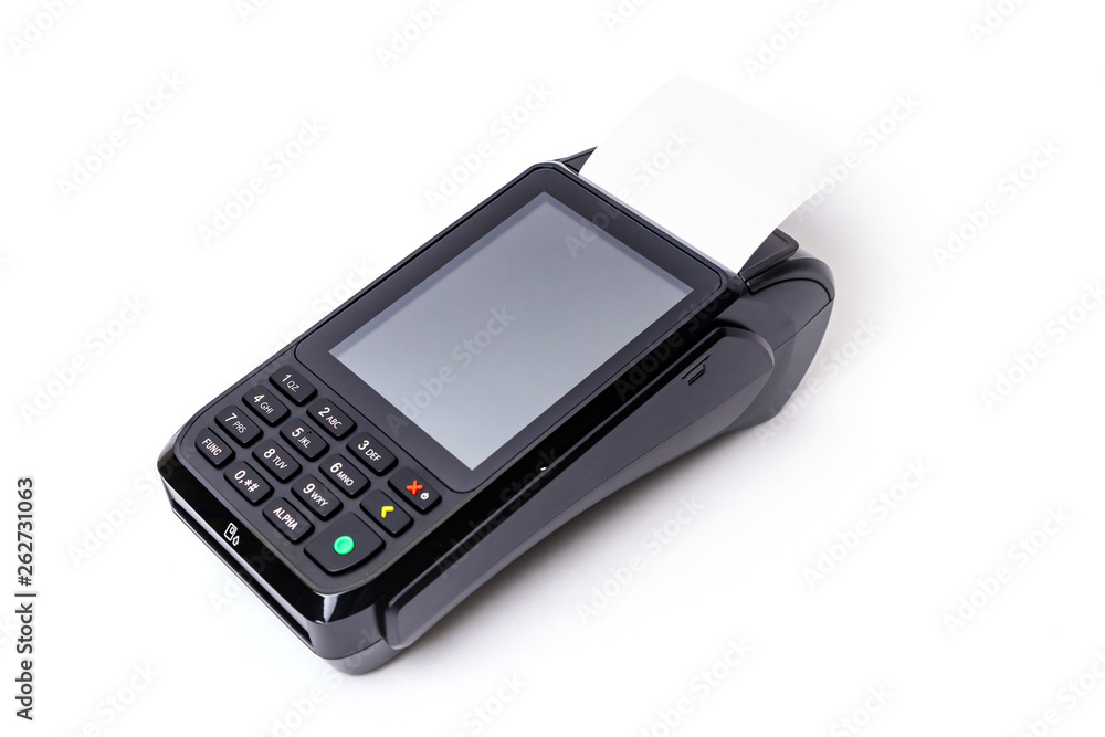 Pos terminal on a white background. Banking equipment. Acquiring. Acceptance of bank credit cards. Contactless payment. Pos terminal on a white background. Banking equipment. Acquiring. Acceptance of bank credit cards. Contactless payment.