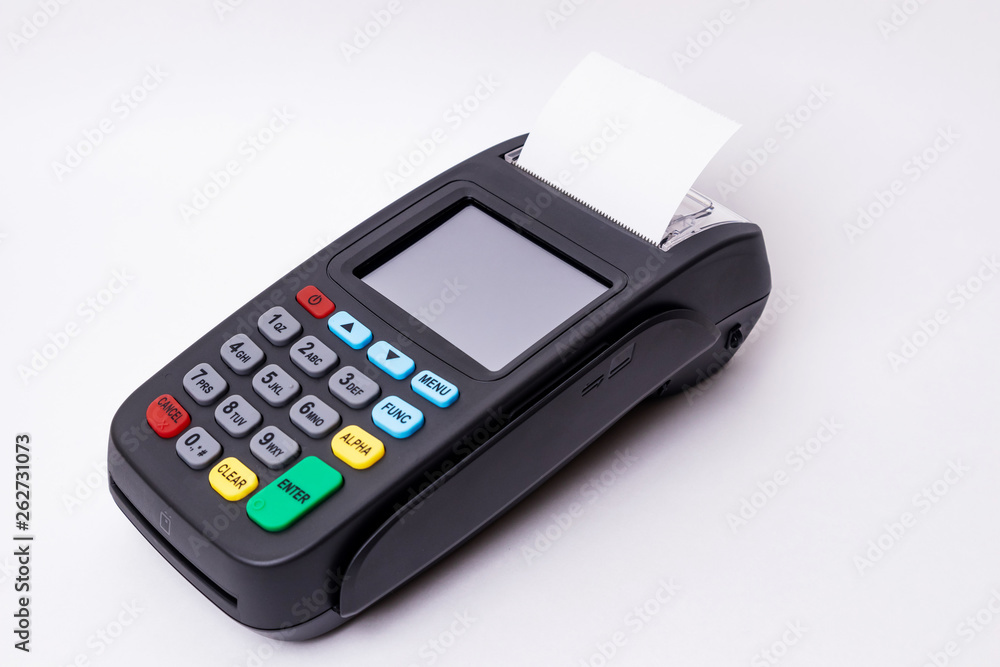 Pos terminal on a white background. Banking equipment. Acquiring. Acceptance of bank credit cards. Contactless payment. Pos terminal on a white background. Banking equipment. Acquiring. Acceptance of bank credit cards. Contactless payment.