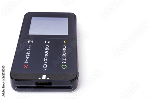 Pos terminal on a white background. Banking equipment. Acquiring. Acceptance of bank credit cards. Contactless payment.