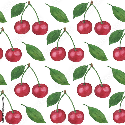 Pattern Cherry berry Watercolor Digital paper seamless illustration set of summer botanical decorations greeting card design