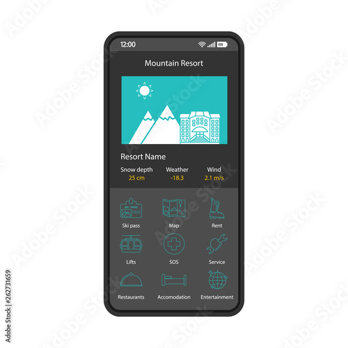 Mountain resort booking application smartphone interface vector template