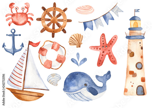 Watercolor children set cute cartoon sailboat, lighthouse, whale. Great for baby cards, invitations, baby shower, parties, birthday.
