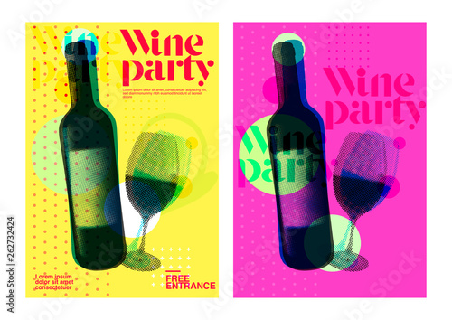 Idea for wine event. Illustration of bottle and wine glass with dotted pattern, retro 80s style, bright colors, pop art. For brochures, posters, invitations or banners.