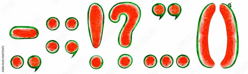 Watercolor punctuation marks (period, question mark, exclamation point