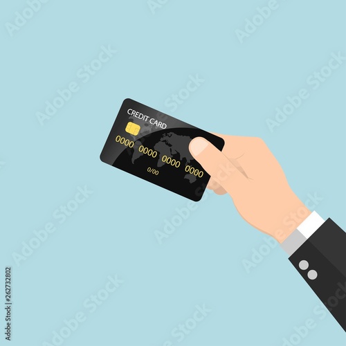 Hand holding credit card in the style of flat