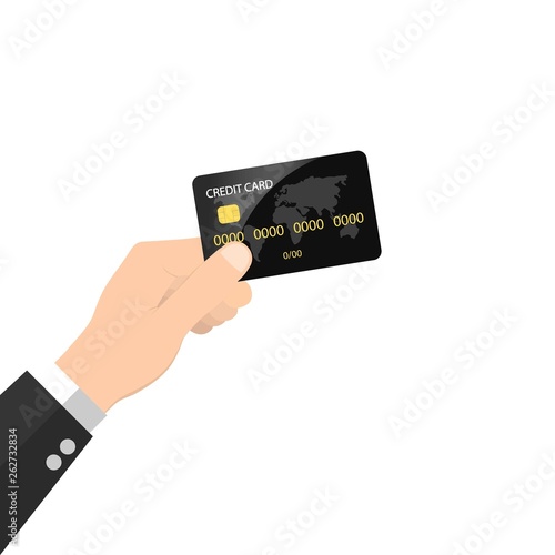Hand holding credit card on white background