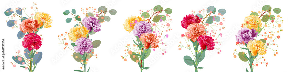 Fototapeta premium Bouquets carnation schabaud. Purple, yellow, red, orange flowers, twigs gypsophile, eucalyptus, white background. Illustration for Mother's Day, Victory day, watercolor style, panoramic view, vector