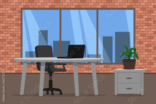 Modern office interior with brick wall. Vector illustration.