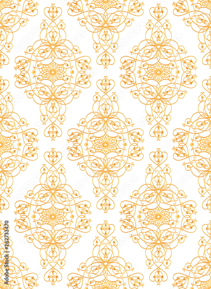 Seamless pattern. Golden textured curls. Oriental style arabesques. Brilliant lace, stylized flowers. Openwork weaving delicate, golden background. Seamless pattern. Golden textured curls. Oriental style arabesques. Brilliant lace, stylized flowers. Openwork weaving delicate, golden background.