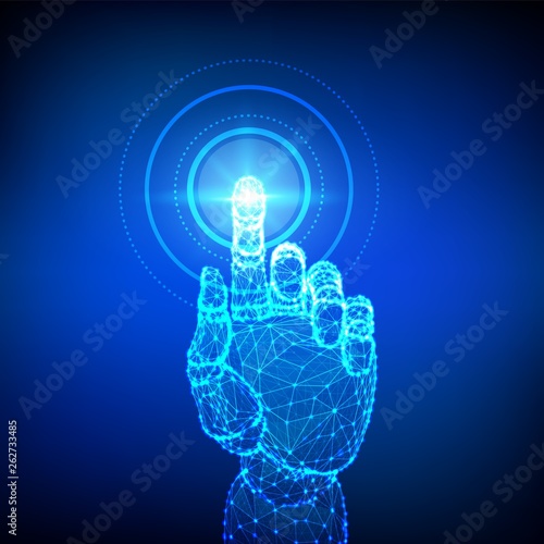 Robotic hand touching digital interface. Virtual reality. Touch the future low poly wireframe. Concept of communication world or cyber security. Polygonal mesh. Futuristic concept. Vector illustration