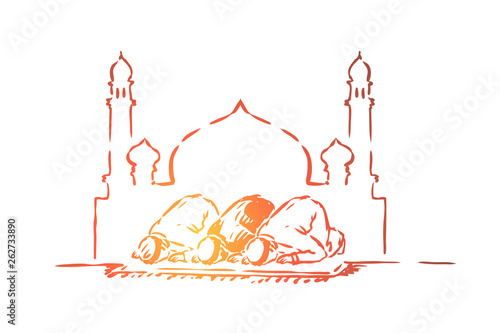 Muslim people fasting, traditional islamic holiday celebration, arabic religion and culture, arab architecture