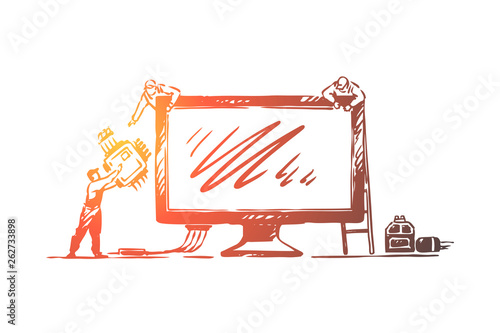 Tiny people fixing computer monitor, technical support, chip replacement, pc repair shop, professional help