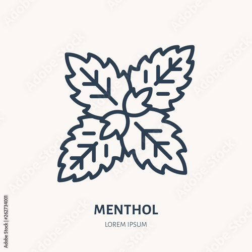 Menthol flat line icon. Medicinal plant leaves vector illustration. Thin sign for herbal medicine, mint logo