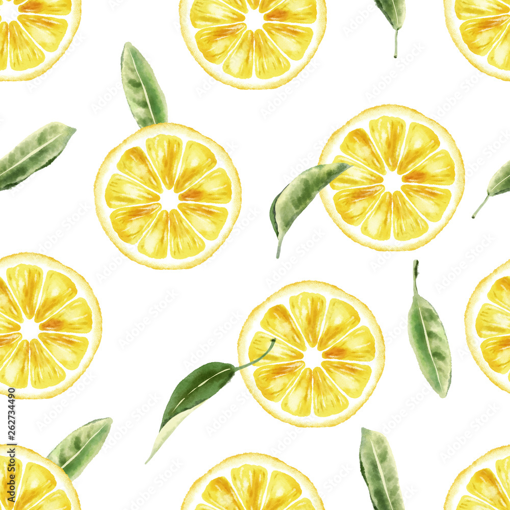 Watercolor lemons with green leaves and lemon slices. Seamless pattern.