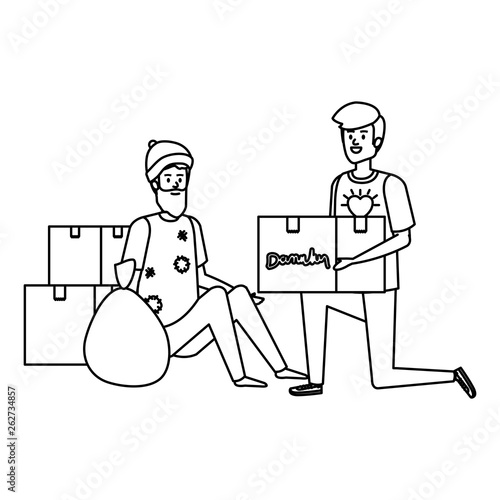 man volunteer giving a homeless man donations box