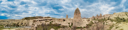 Panoramic view of the cave settlements in the historical area of Cappadocia, Turkey. In these cliffs, apartments and entire apartment buildings were down from soft volcanic tuff.