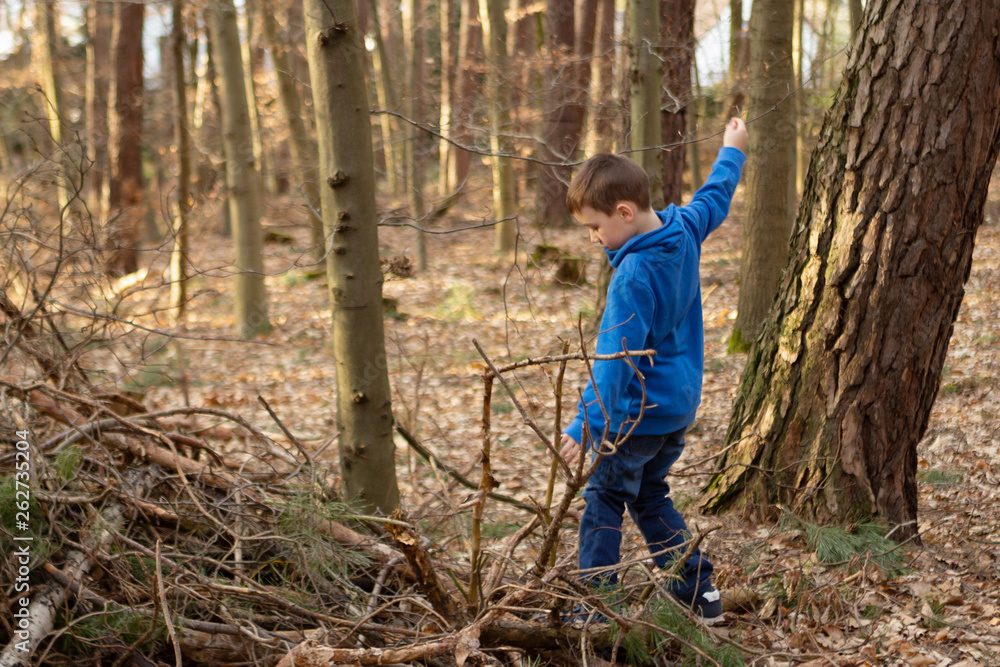 A boy in a blue jacket sneaks through thickets in the forest, profile view, trees at the edge of the forest A boy in a blue jacket sneaks through thickets in the forest, profile view, trees at the edge of the forest