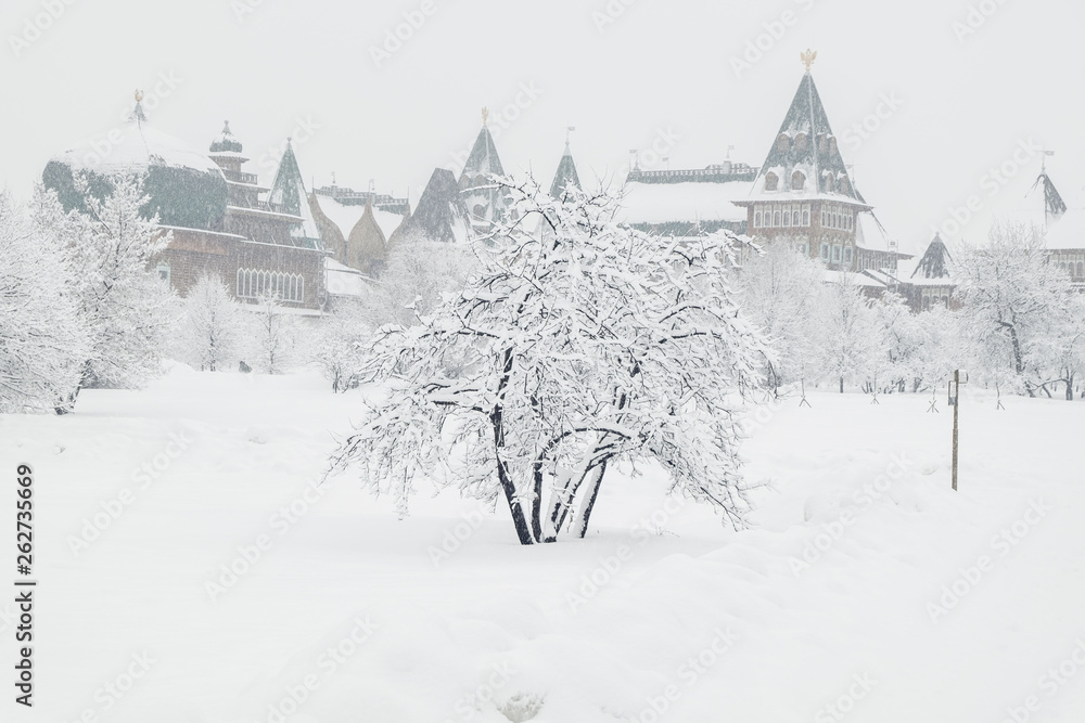Wooden palace of tsar Alexei Mikhailovich in the Kolomenskoye park, winter day, Moscow Wooden palace of tsar Alexei Mikhailovich in the Kolomenskoye park, winter day, Moscow