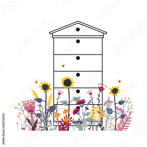 Bright flower meadow with beehive in summer. Mix difference colour of rural flower. A lot of various beautiful flowers and busy bees . Sunny country day.