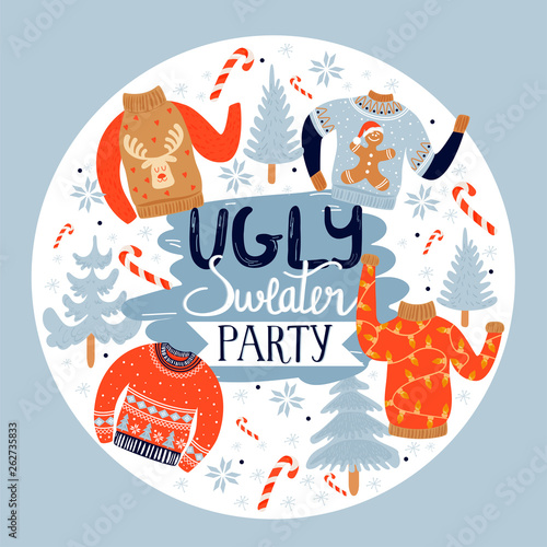 Christmas and Happy New Year invitation template on ugly sweater party. Illustration with ugly sweaters, fir-trees, candy, snowflakes and inscription. Vector illustration.