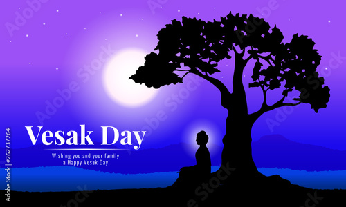 Happy vesak day with Buddha meditation under Bodhi Tree in full moon night vector design