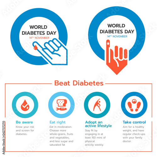 World diabetes banner day with hand blood in blue circle and Beat diabetes icon set vector design