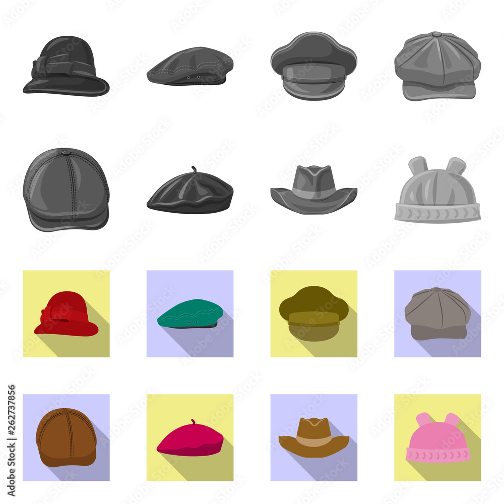 Vector design of headgear and cap sign. Collection of headgear and accessory vector icon for stock. Vector design of headgear and cap sign. Collection of headgear and accessory vector icon for stock.