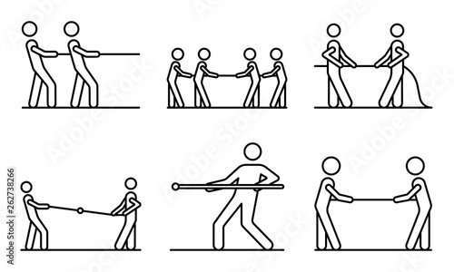 Tug of war icons set. Outline set of tug of war vector icons for web design isolated on white background