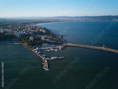 Top view aerial of Nessebar city on the Black Sea coast of Bulgaria, new part
