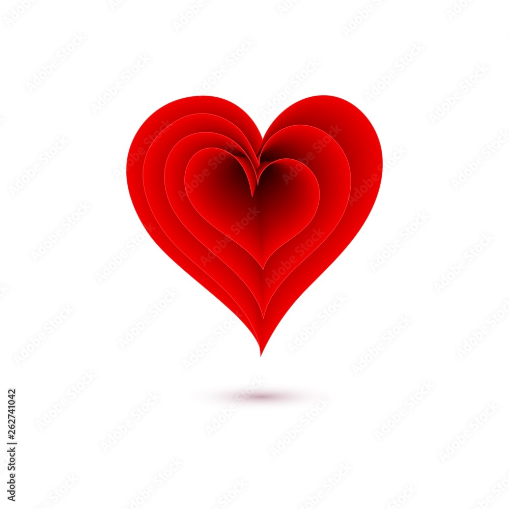 Vector red heart with shadow in paper art style. Valentine romantic card, symbol of love isolated on white background. Beautiful template for your creative design.