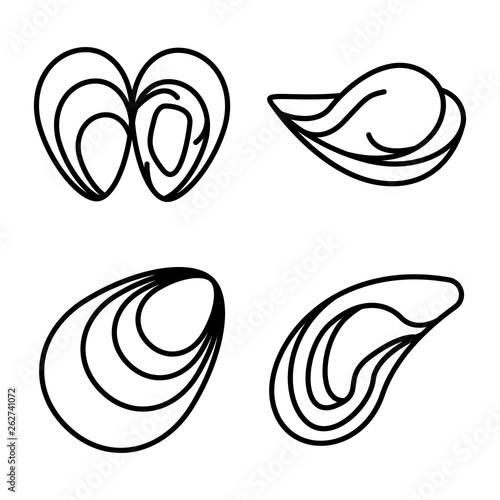 Mussels icons set. Outline set of mussels vector icons for web design isolated on white background