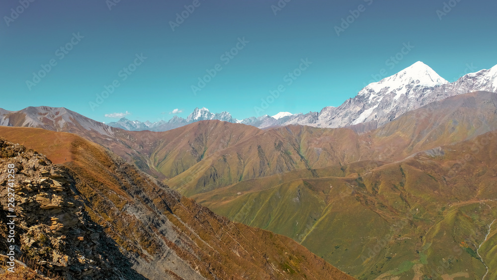 Mount Tetnuldi rises above the Great Caucasian Range in the upper Svaneti in Georgia, Mountain Landscape Ushguli