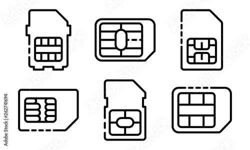 Sim phone card icons set. Outline set of sim phone card vector icons for web design isolated on white background