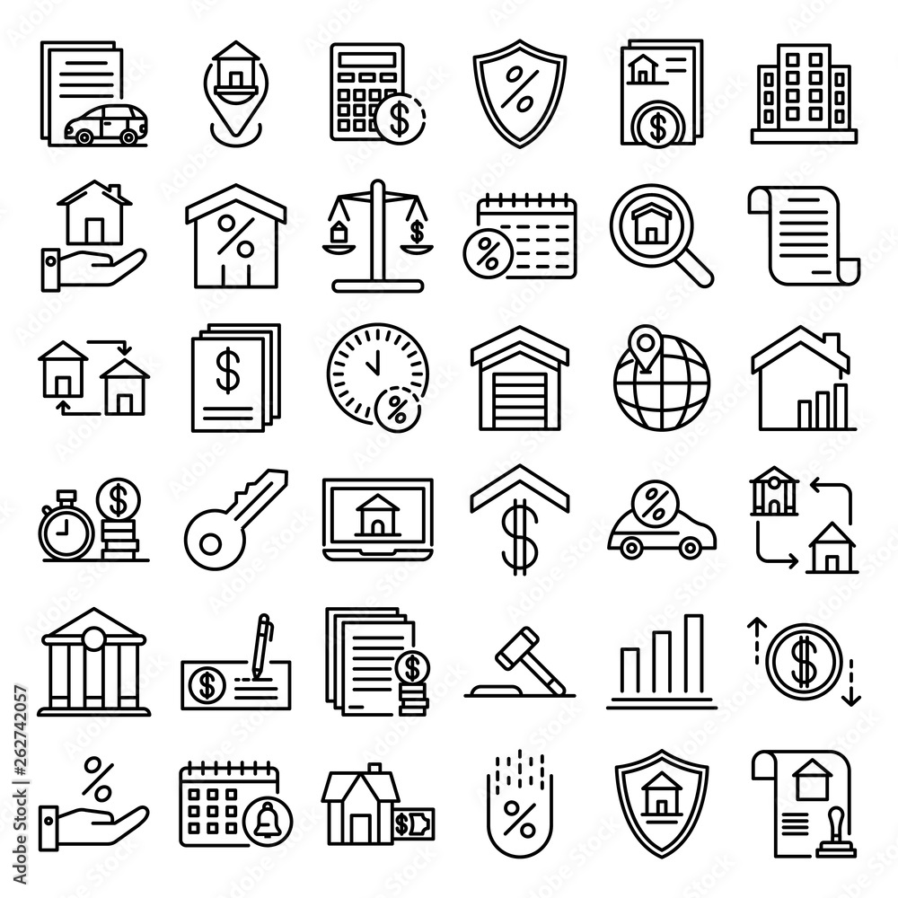 Fototapeta premium Mortgage icons set. Outline set of mortgage vector icons for web design isolated on white background