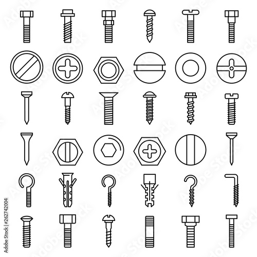 Screw-bolt icons set. Outline set of screw-bolt vector icons for web design isolated on white background