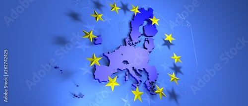 Europe blue flag with yellow stars and European Union map