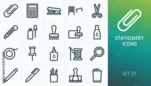 Office Supplies icons, Office stationery icons set. Set of school clip, stapler, cutter knife, staples, stamp ink pad, binder clip, pen, scissors vector icons