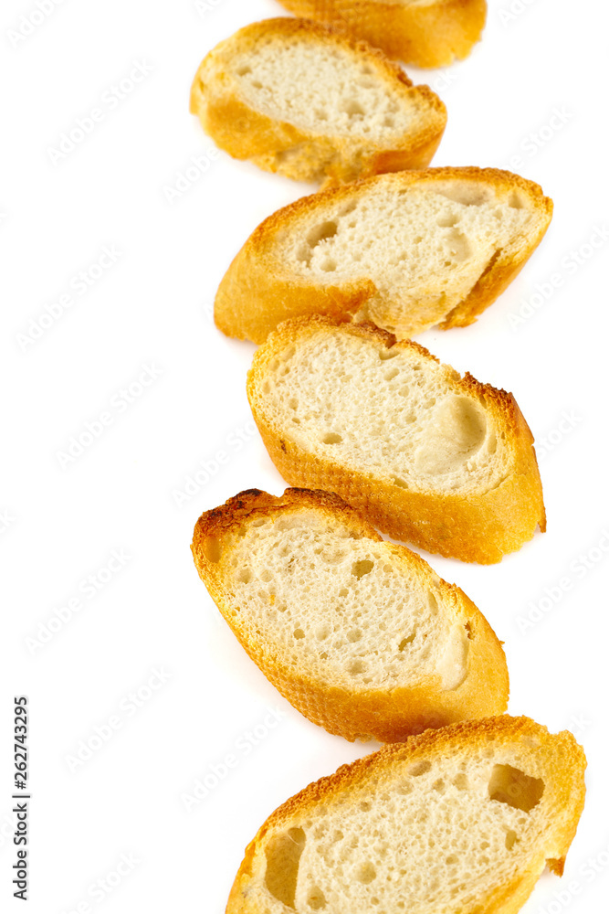 toasted baguette slices isolated on white