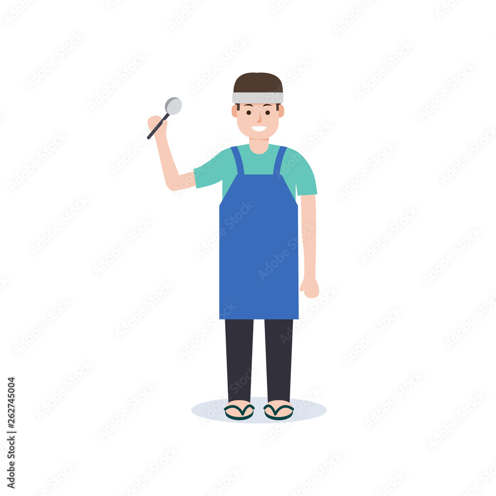 Thai young man curry rice merchant character flat style design.Male sale rice holding ladle.