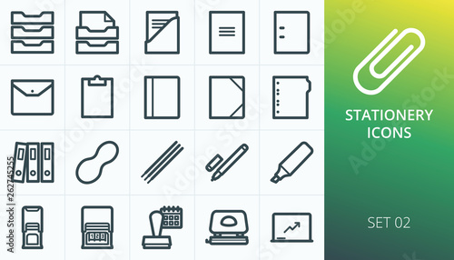 Stationery icons set. Set of Office Supplies - file folder, document binder, pen marker, presentation magnetic board, dater and numering stamp, rubber band, finger wet sponge for casher vectors icons.