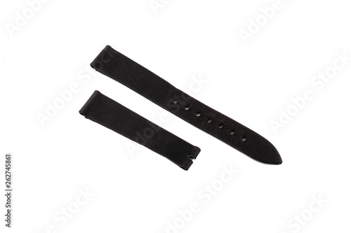 Black, textile watchband stitched at the edges, isolated on white background.