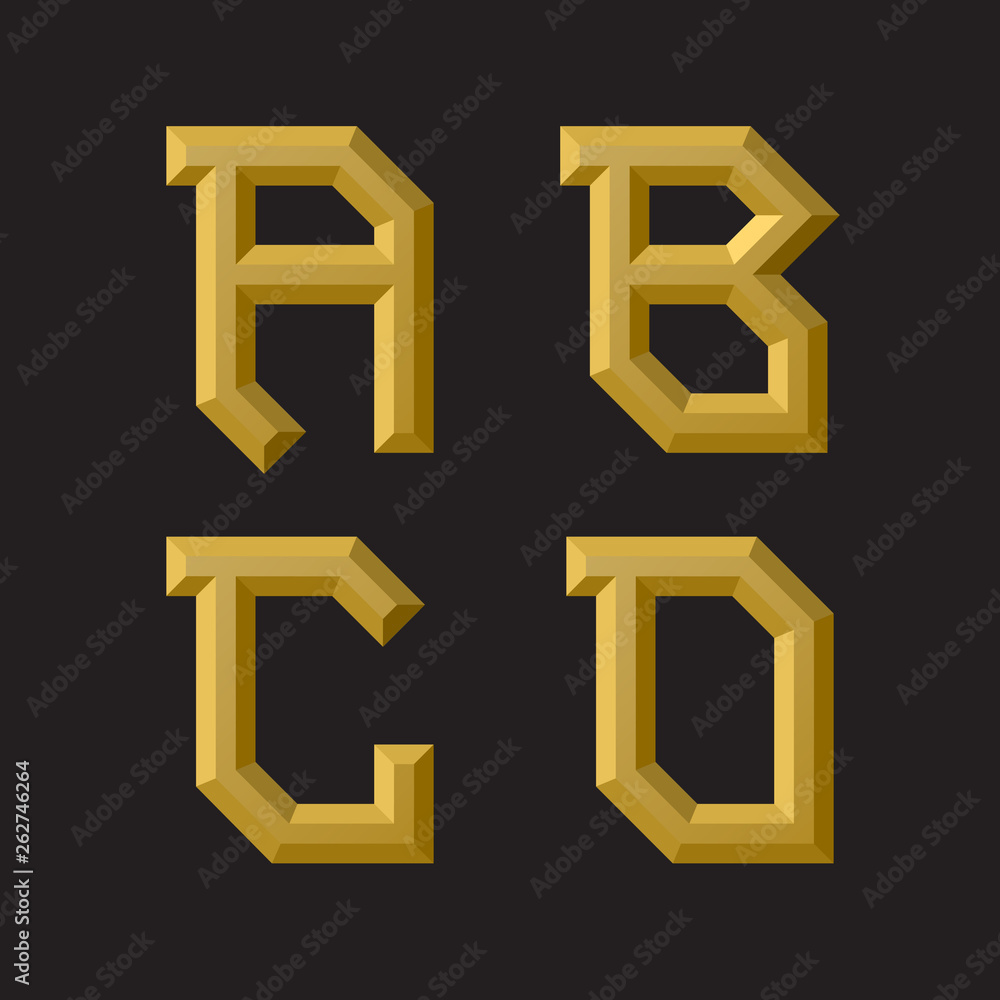 A, B, C, D golden faceted font. Isolated artistic unusual font. A, B, C, D golden faceted font. Isolated artistic unusual font.