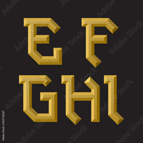 E, F, G, H, I golden faceted font. Isolated artistic unusual font.