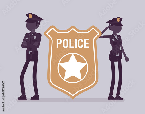 Police officer emblem and policemen. Male, female officers standing near giant bright cop badge, symbol of policing, professional sign of authority, service. Vector illustration, faceless characters