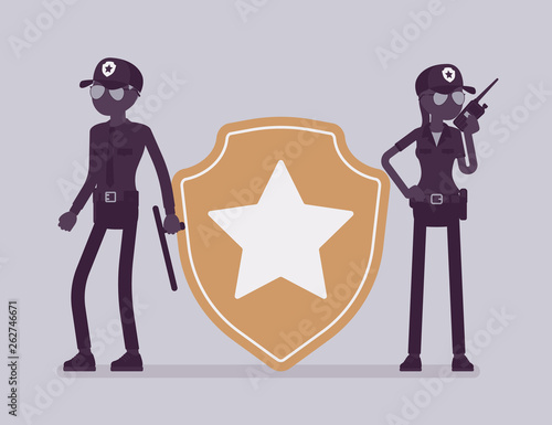 Security sign, guard officers. Male, female workers in uniform employed for protection of person, building, organization, giant badge, professional star sign. Vector illustration, faceless characters