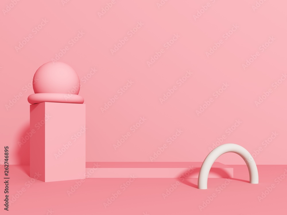 Abstract composition of geometric bodies-3d render, illustration. A group of items on a bright pink background for mock up with copy space.