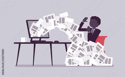 Paper avalanche for businessman. Male office worker overloaded with paperwork from computer, heap of business letters and online documents, busy clerk. Vector illustration with faceless characters