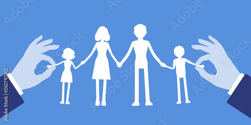 Family members paper craft garland chain. White silhouette dolls of parents and children unit, mother, father, son, daughter holding hands, therapy and psychological help symbol. Vector illustration