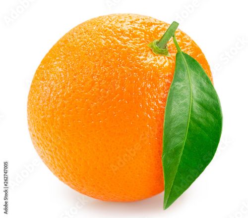 Fresh orange with leaf on white background