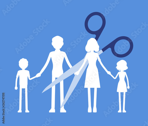 Family members paper garland chain cut. Scissors divide, separate parents and children unit, dissolution of a marriage, parental access rights after divorce or break up, split. Vector illustration